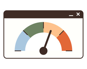 Speedometer gauge with pointer indicating performance levels in a browser window. Ideal for data analysis, efficiency metrics, web design, performance tracking, analytics, monitoring systems