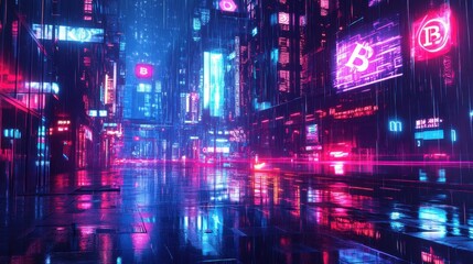A futuristic cityscape with glowing cryptocurrency reflections in the rain