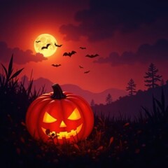 Glowing jack-o'-lantern amidst tall grass, bats fly against fiery sunset, spooky silhouettes , jack-o-lantern, background, image