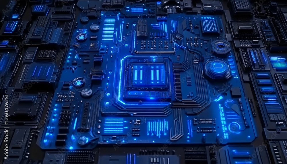 Poster abstract glowing circuitry deep blue technology with bright nodes in dark environment