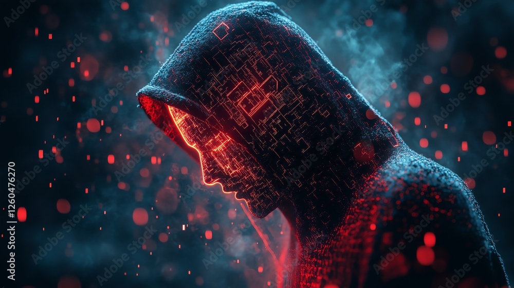 Aufkleber anonymous hacker with a glowing laptop and ai chip on a glitchy dark tech background, combining cybe
