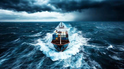 Naklejka premium Maritime drama unfolds as a cargo ship faces a storm’s wrath, surrounded by raging waters, obscured horizons, and thunderclouds filling the sky.