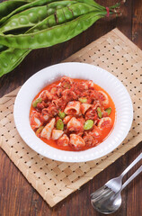 Sambal Cumi Pete is Indonesian Food made from squid with chili and petai. Smells so good. Spicy Food.
