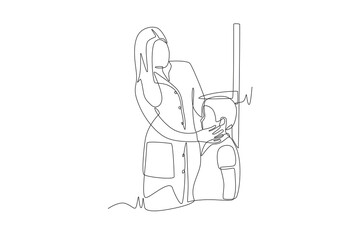 Doctor measures boy's height. Measuring a patient's height weight waist concept one-line drawing