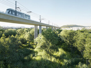 Fototapeta premium scenic view of light rail system gliding through lush greenery, showcasing modern transportation amidst nature beauty. serene landscape highlights harmony between urban development and environment