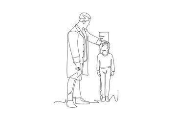 Doctor measures boy's height. Measuring a patient's height weight waist concept one-line drawing