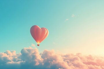 Fototapeta premium Heart Shaped Hot Air Balloon Soaring Above Pastel Clouds at Sunrise
