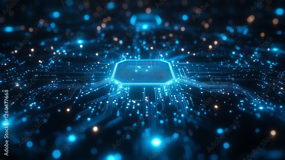 Poster glowing central ai chip in soft neon blue light, connected by thin circuit lines on a dark gradient 