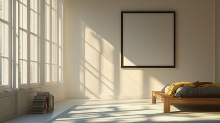 Fototapeta premium Minimalist Interior of a Sunlit Bedroom with Natural Light Casting Shadows on Elegant Walls