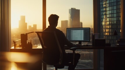Man working on computer with city view from office at sunset