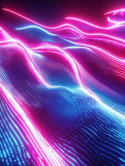 A visually captivating abstract futuristic background featuring neon pink and blue glowing lines in high-speed wave-like patterns.