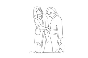 The doctor measures the width of the girl's body. Measuring a patient's height weight waist concept one-line drawing