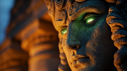Glowing-eyed stone statue, city background, night, fantasy art