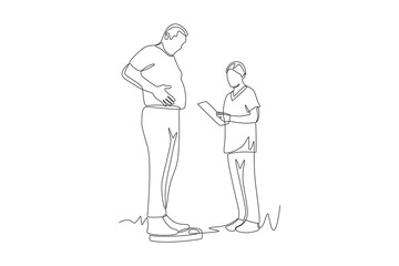 Doctor measures the weight of an adult male. Measuring a patient's height weight waist concept one-line drawing