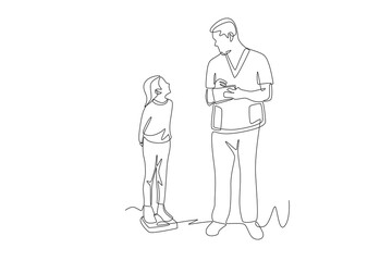 Doctor measures girl's weight. Measuring a patient's height weight waist concept one-line drawing