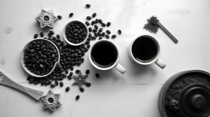 Top view of cups of coffee, coffee beans, cookies and spices on table