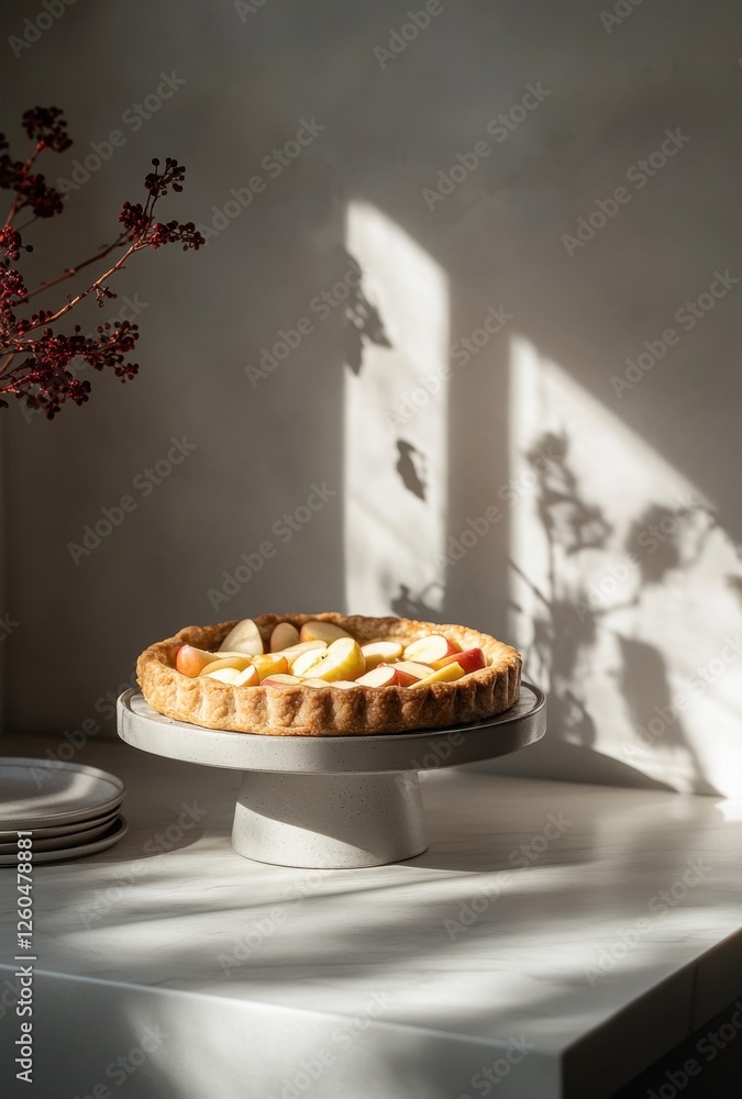 Aufkleber delicious fruit tart on a modern pedestal with soft shadows from window light creating an inviting k