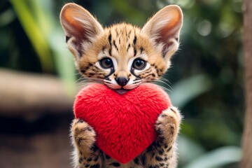 Digital ads animal idea. Cute serval baby with fluffy red heart on in a natural habitat. Serval - my treasured animal. Cute animal love story. Love in the heart of the wild. Furry love story.