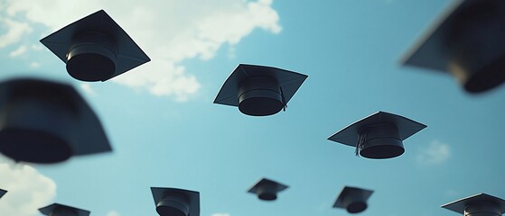 Low Angle View of Mortarboards Against Blue Sky