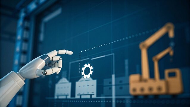 Robot finger guiding the way towards an advanced automated factory symbolizing the future of innovation technology and modern manufacturing processes.