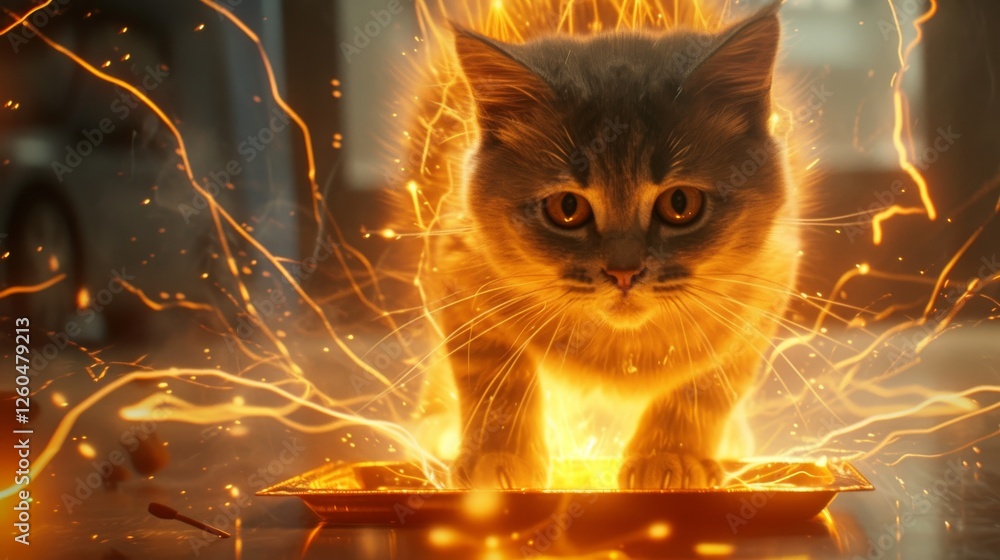 Poster a captivating tabby cat surrounded by glowing sparks and golden light, creating a dynamic and energe