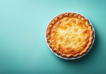 Delicious golden brown pie with flaky crust on a vibrant turquoise background for food photography or culinary design projects