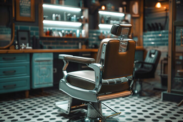 A stylish barbershop leather chair exudes retro charm, combining comfort and vintage design.