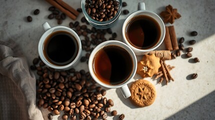 Top view of cups of coffee, coffee beans, cookies and spices on table