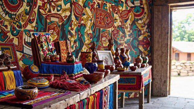 Colorful Peruvian crafts displayed on tables in a rustic setting, captured from a side angle. The vibrant video showcases intricate patterns and textures.