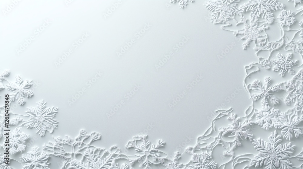 Poster embossed snowflakes delicately layered on a matte white background, creating a soft textured effect,