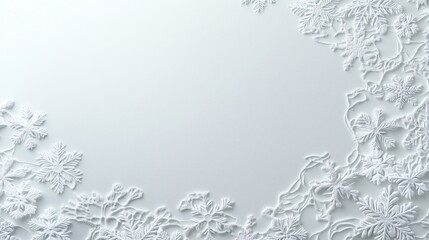 Embossed snowflakes delicately layered on a matte white background, creating a soft textured effect, with a large blank space on the right, perfect for advertising or seasonal text.