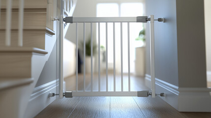 A white metal baby safety gate at the top of a staircase, featuring a childproof lock. Soft natural lighting highlights the clean, minimalist design for child safety.