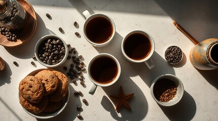Top view of cups of coffee, coffee beans, cookies and spices on table