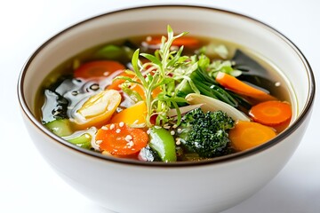 An enticing and colorful bowl of vegetable soup, with clear visibility of each ingredient, presented elegantly on a bright white background for a fresh touch.