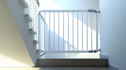 A white metal baby safety gate at the top of a staircase, featuring a childproof lock. Soft natural lighting highlights the clean, minimalist design for child safety.