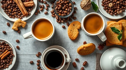 Top view of cups of coffee, coffee beans, cookies and spices on table