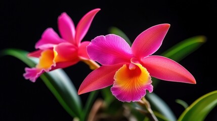 Obraz premium Vibrant pink and yellow orchid flowers bloom against a dark background, showcasing their intricate details and natural beauty, an ideal subject for nature lovers and floral enthusi