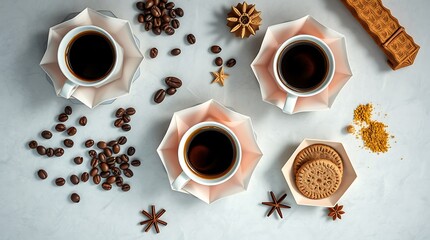 Top view of cups of coffee, coffee beans, cookies and spices on table