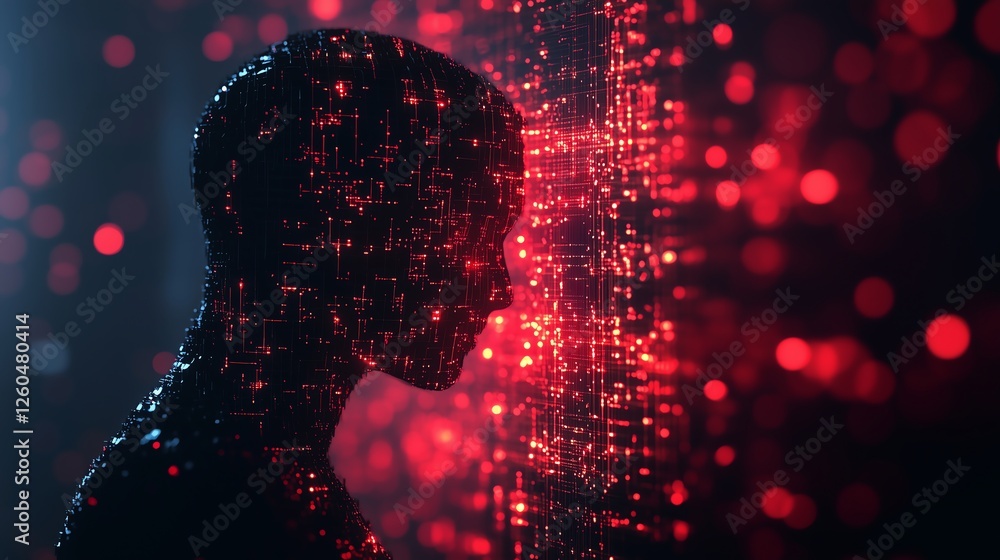Poster futuristic hacker concept with a dark background, glowing red particles, thin circuits, and a shadow