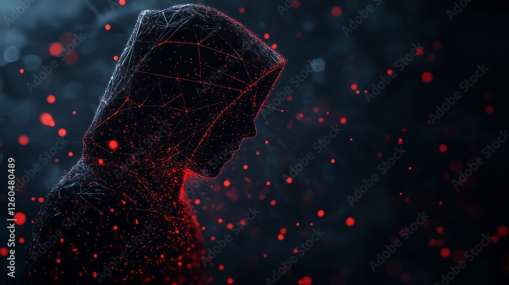 Poster futuristic hacker concept with a dark background, glowing red particles, thin circuits, and a shadow