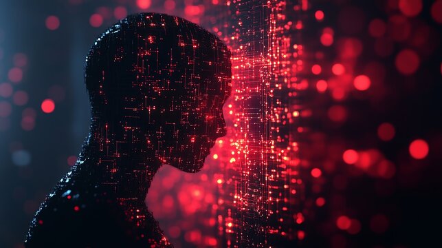 Futuristic hacker concept with a dark background, glowing red particles, thin circuits, and a shadowy polygonal figure, representing digital threats and cybersecurity.
