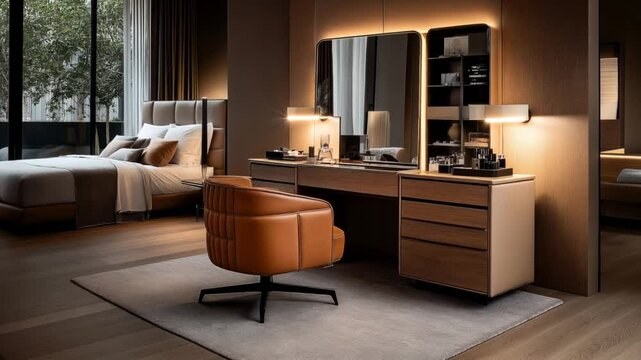 Modern bedroom interior with a luxurious makeup vanity setup featuring a brown leather chair, large mirror, and well-organized shelves. Soft lighting enhances the elegant design.