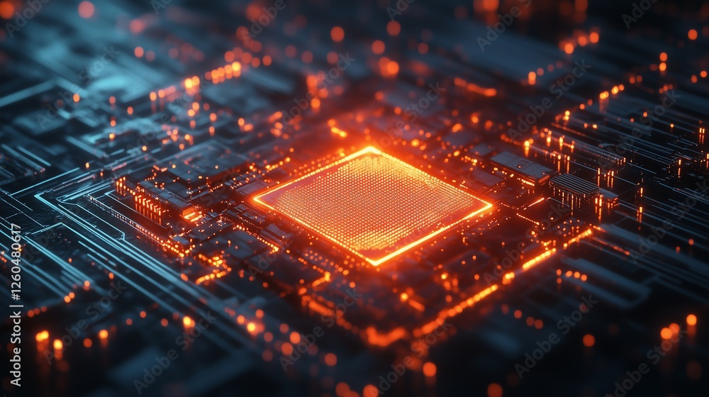 Poster glowing cpu chip in a futuristic dark grid, surrounded by thin blue circuit traces, symbolizing ai, 