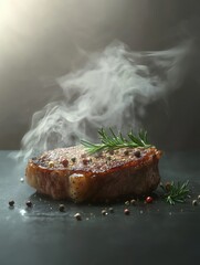 a steaming juicy grilled steak with peppercorns