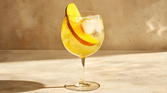 Refreshing fruit spritzer with a slice of mango, ice, and bubbles served in a delicate glass.