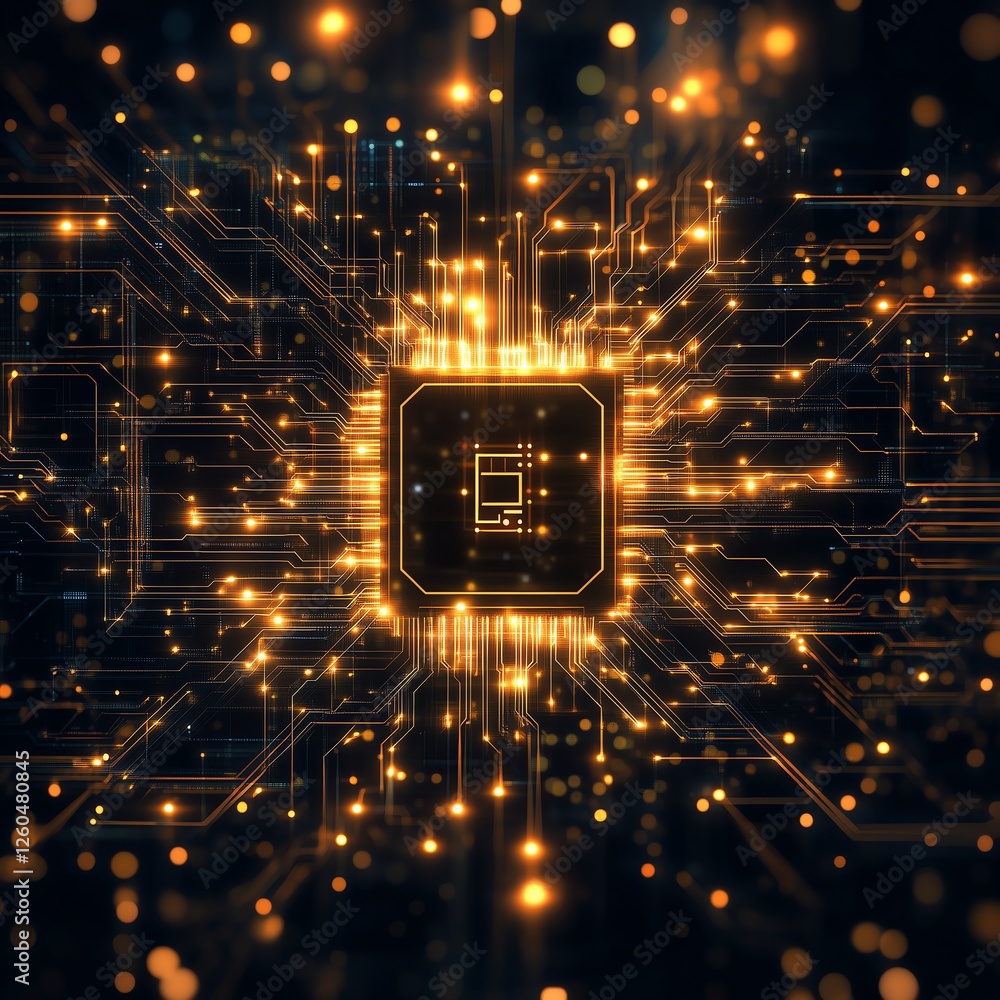 Poster golden symmetrical circuits across a dark background with a glowing central ai chip and subtle light