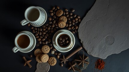 Top view of cups of coffee, coffee beans, cookies and spices on table