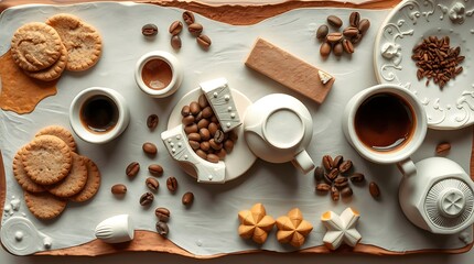 Top view of cups of coffee, coffee beans, cookies and spices on table