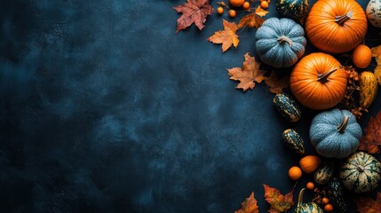 Autumnal Harvest Still Life: Pumpkins, gourds, and fall leaves arranged on a dark blue background.  A visually appealing image perfect for seasonal celebrations.