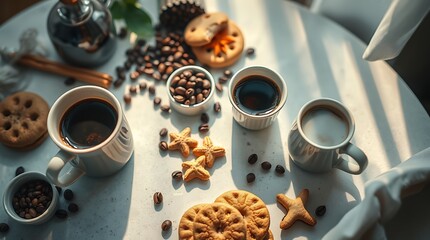Top view of cups of coffee, coffee beans, cookies and spices on table